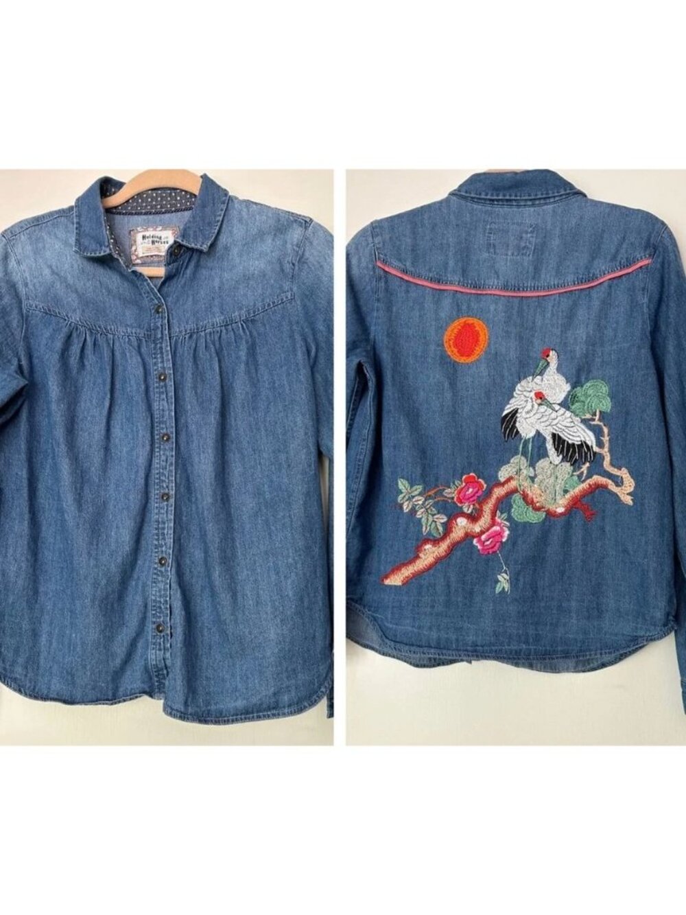 Holding Horses Womens Anthropologie Birds Sunset Denim Shirt Medium Blue SP NWOT - Picture 2 of 12